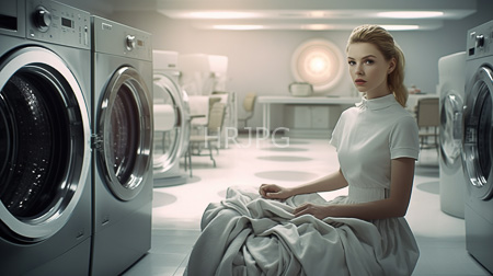 High Resolution: Elegant blonde woman with fair skin wears a white high-neck dress and holds crumpled fabric sitting between two modern washing machines download. | HRJPG.com