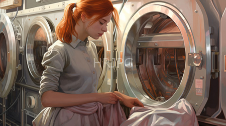 High Resolution: Orange-haired woman with fair skin wears a light gray button-up shirt and pink skirt folding clothes near large round washing machine doors download. | HRJPG.com