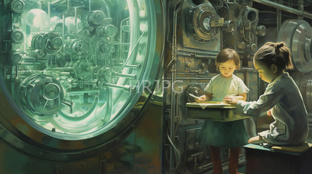 High Resolution: Two young girls in an industrial steampunk-style laboratory with green-tinted glass windows one stands reading while the other sits writing download. | HRJPG.com