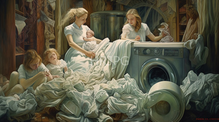 High Resolution: Four blonde women in white nightgowns amidst piles of crumpled sheets surrounding an open front-loading washing machine filled with clothes download. | HRJPG.com