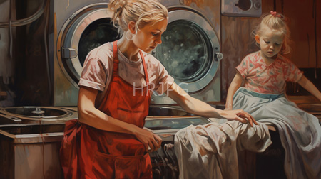 High Resolution: Older blonde woman with hair in a bun wears a red apron over a white shirt folding laundry beside two front-loading washing machines download. | HRJPG.com