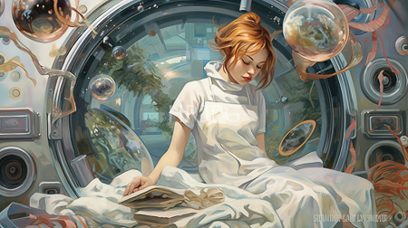 High Resolution: Ethereal red-haired woman in white attire sits inside a futuristic washing machine filled with floating bubbles and plants reading an open book download. | HRJPG.com