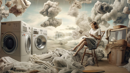 High Resolution: Surreal dreamlike laundry room with floating clouds and fabric a woman sits on a wooden chair reading beside two washing machines download. | HRJPG.com