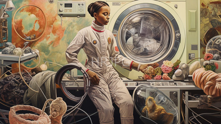 High Resolution: African-American woman in a white astronaut suit sits beside two front-loading washing machines filled with various objects including flowers download. | HRJPG.com