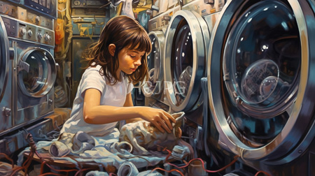 High Resolution: Asian girl with shoulder-length brown hair wearing a white t-shirt and shorts sits on laundry in front of multiple open industrial washing machines download. | HRJPG.com