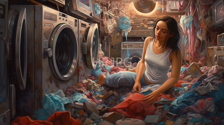 High Resolution: Asian woman with long black hair wears a white tank top and blue jeans sits amidst piles of colorful laundry in a cluttered laundromat download. | HRJPG.com