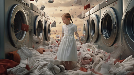 High Resolution: Young girl with blonde hair in a white dress stands amidst a chaotic laundry room surrounded by flying clothes and towels download. | HRJPG.com