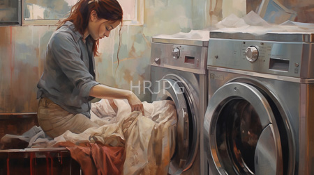 High Resolution: Asian woman with reddish-brown hair kneeling beside two silver washing machines loading white laundry into one machine download. | HRJPG.com