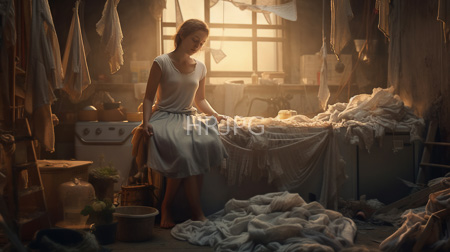 High Resolution: Older woman with short light brown hair in a white sleeveless top stands barefoot on a sunlit floor amidst a cluttered laundry room download. | HRJPG.com