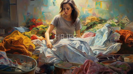 High Resolution: Asian woman with shoulder-length brown hair in a gray t-shirt kneels amidst colorful laundry in various stages with baskets filled with clothes download. | HRJPG.com