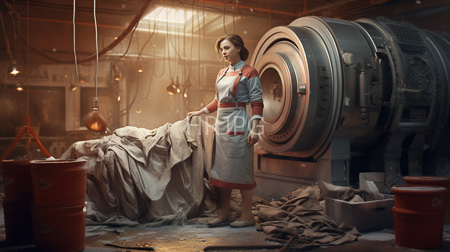 High Resolution: Young woman in a red-trimmed blue apron and beige boots stands beside large cylindrical machinery covered by draped fabric sheets in a workshop download. | HRJPG.com