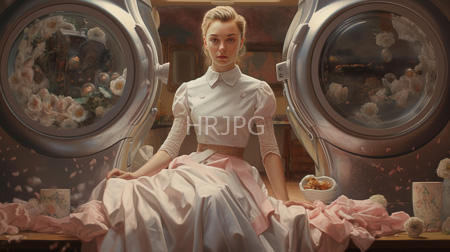High Resolution: Elegant blonde woman with fair skin and blue eyes sits between two washing machines filled with flowers gazing directly at viewers download. | HRJPG.com
