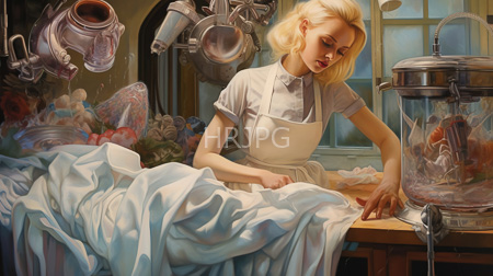 High Resolution: Ethereal blonde-haired woman in a white apron works at a wooden table covered by crumpled blue fabric surrounded by hanging kitchenware download. | HRJPG.com