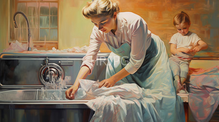 High Resolution: Early-20th-century-style kitchen scene with a blonde woman in a white blouse and blue apron washing laundry over a stainless steel sink download. | HRJPG.com