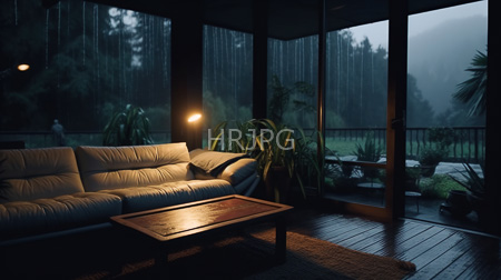 High Resolution: Dim modern living room with large glass windows revealing rain and a misty forest outside with a beige leather sofa and wooden coffee table download. | HRJPG.com