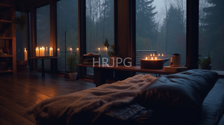 High Resolution: Dim cozy living room at dusk with large windows revealing foggy forest scenery warm candlelight illuminates wooden furniture and shelves download. | HRJPG.com