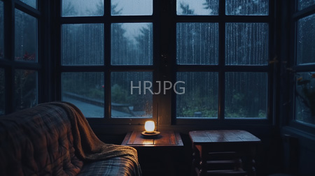 High Resolution: Dim moody room with large rain-streaked windows showing foggy trees outside a small candle illuminates a plaid-covered couch download. | HRJPG.com
