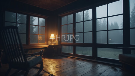 High Resolution: Dim misty wooden room with large grid-patterned windows showing a foggy forest outside a warm lamp illuminates a vintage rocking chair download. | HRJPG.com