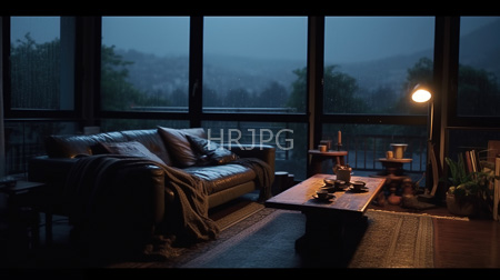 High Resolution: Atmospheric dim-lit living room at night with large floor-to-ceiling windows revealing misty mountains and a black leather sofa download. | HRJPG.com