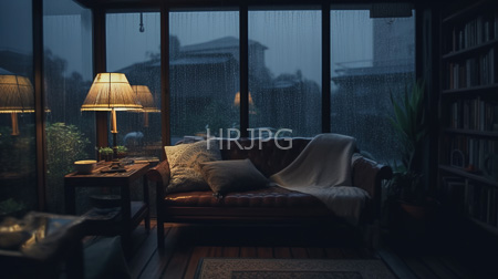 High Resolution: Atmospheric dim-lit living room at dusk with rain on large windows a brown leather tufted sofa draped in a white blanket and patterned pillows download. | HRJPG.com