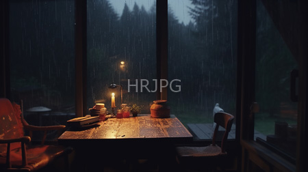 High Resolution: Dim rainy night scene inside a cozy cabin with a large window showing a rain-soaked forest outside a single candle illuminates a wooden table download. | HRJPG.com