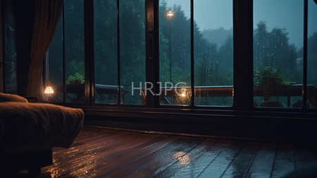 High Resolution: Atmospheric dim-lit bedroom at night with rain on large glass windows showing misty trees outside two small table lamps cast warm light download. | HRJPG.com