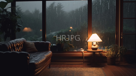 High Resolution: Indoor living room at night features a dark brown leather tufted sofa and a small wooden side table holding a lit lampshade and potted plants download. | HRJPG.com