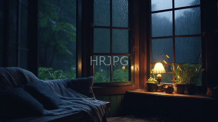 High Resolution: Atmospheric dim-lit room at night with rain on two large windows a blue-gray blanket-covered couch occupies the left foreground download. | HRJPG.com