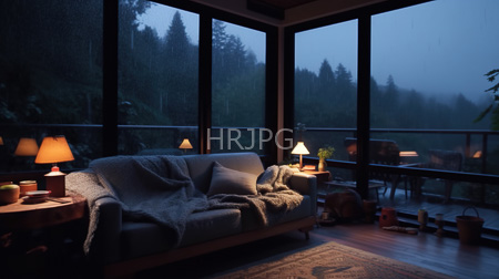 High Resolution: Evening-lit modern living room with floor-to-ceiling windows revealing misty forest scenery outside a grey sofa and two small wooden side tables download. | HRJPG.com