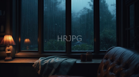 High Resolution: Atmospheric dim-lit room during a rainy evening a large window shows blurred greenery outside and a blue blanket is draped over the windowsill download. | HRJPG.com