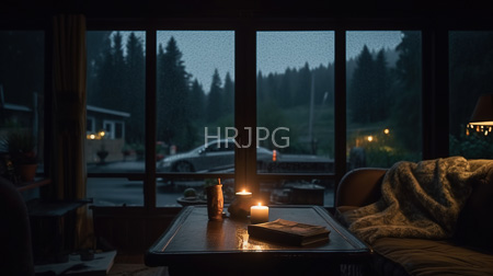 High Resolution: Dim cozy living room at dusk with large windows showing a rainy forest view a dark wooden coffee table has lit candles and a book stack download. | HRJPG.com