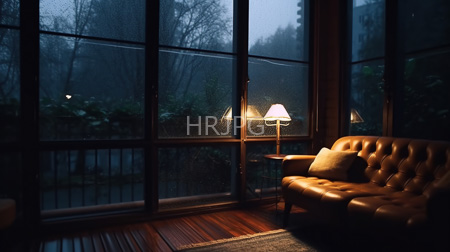 High Resolution: Atmospheric dim-lit room with large foggy windows showing misty trees outside a brown leather tufted sofa on the right side and two vintage table lamps download. | HRJPG.com