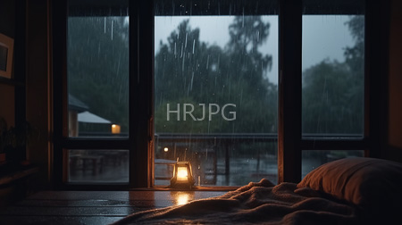 High Resolution: Interior scene at dusk features rain outside large windows a soft yellow lantern light illuminates a wooden table and a bed covered by a beige blanket download. | HRJPG.com