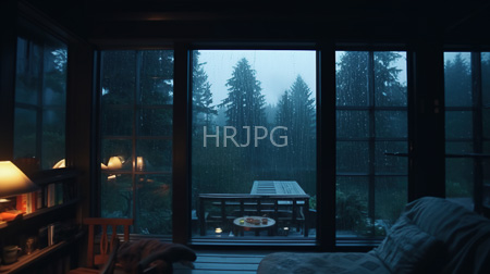 High Resolution: Interior living room at dusk viewed through large glass doors opening to a rain-soaked forest patio dim lighting contrasts the misty blue evening light download. | HRJPG.com