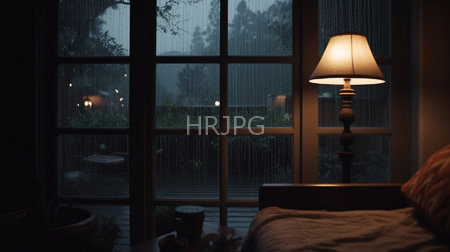 High Resolution: Dim moody bedroom at night with rain on large glass windows showing blurred outdoor lights and trees a warm lampshade illuminates the right side download. | HRJPG.com