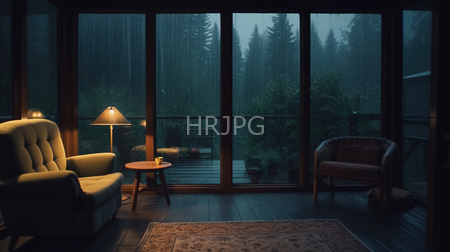 High Resolution: Atmospheric dim-lit living room with floor-to-ceiling windows revealing misty forest scenery a vintage green armchair and wicker chair sit nearby download. | HRJPG.com