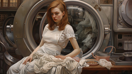 High Resolution: Attractive fair-skinned red-haired woman with soft features sits in front of two large industrial washing machines wearing white overalls download. | HRJPG.com