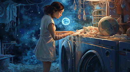 High Resolution: Asian woman with brown hair in pigtails wearing a white dress and apron washing clothes by moonlight inside her cluttered laundry room download. | HRJPG.com
