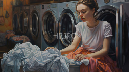 High Resolution: Realistic painting depicts an Asian woman in a white t-shirt and pink skirt sitting on top of stacked laundry machines folding crumpled blue clothes download. | HRJPG.com