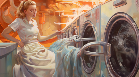 High Resolution: Elegant blonde woman with hair in a ponytail wears a white blouse standing beside rows of modern washing machines filled with blue suds download. | HRJPG.com