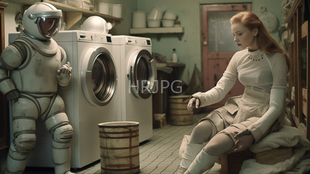 High Resolution: Astronaut in a white worn space suit stands beside two front-loading washing machines opposite a red-haired woman in a vintage-style beige dress download. | HRJPG.com