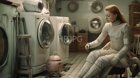 High Resolution: Red-haired woman in a white bandage-like outfit sits on a stool beside vintage washing machines and a dryer in a rustic kitchen download. | HRJPG.com