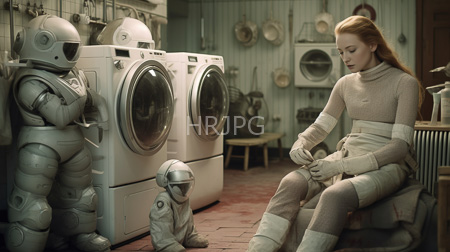 High Resolution: Older-style sci-fi scene with three characters in white textured space suits a red-haired woman sits on a bench repairing her suit download. | HRJPG.com