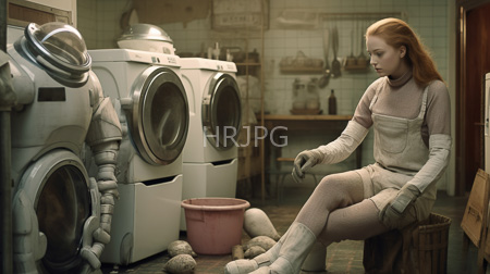 High Resolution: Red-haired woman in beige overalls and gloves sits on a wooden stool beside vintage washing machines with space suits draped around them download. | HRJPG.com