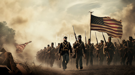 High Resolution: Civil War soldiers marching through dusty smoke-filled terrain under an overcast sky with a prominent American flag waving in the foreground download. | HRJPG.com