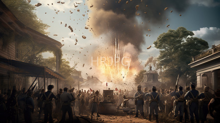 High Resolution: Explosive battle scene in a colonial-era town square with soldiers and civilians witnessing a massive fireball explosion amidst thick smoke download. | HRJPG.com