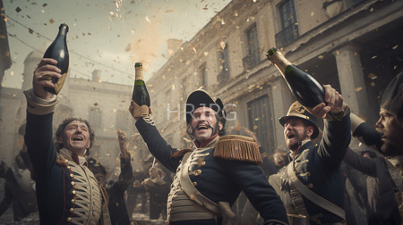 High Resolution: Three jubilant historical military men in dark blue uniforms with gold epaulettes celebrating by raising champagne bottles amidst confetti download. | HRJPG.com