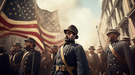 High Resolution: African American Union soldiers in blue uniforms marching through an urban street under hazy sunlight holding a large waving US flag download. | HRJPG.com