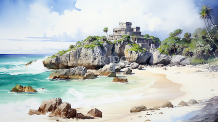 High Resolution: Impressionistic watercolor painting depicts a tropical beach scene with ancient stone ruins on rocky cliffs surrounded by turquoise waters download. | HRJPG.com