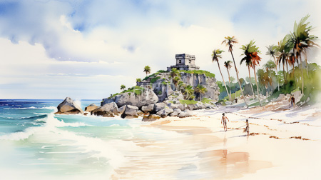 High Resolution: Watercolor painting of an idyllic beach scene featuring turquoise waves a white sandy shore and a rocky cliff topped by an ancient stone structure download. | HRJPG.com
